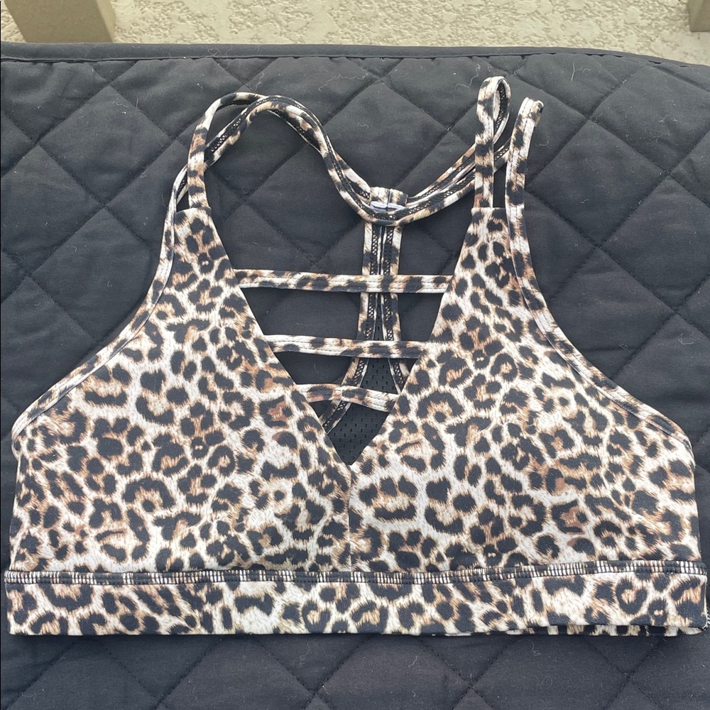 ZYIA Active Wild Leopard Print Strappy Sports Bra Festival Gym Athleisure